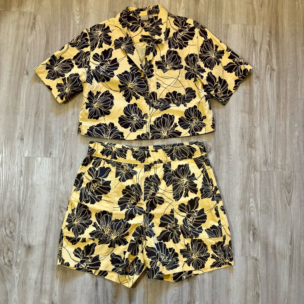 GAP Large / 16P HEMP FLORAL Sky High Shorts & Cropped Top Set Women Yellow Black